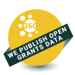 A yellow circle that says 360. There is a dark green banner across it that reads "We publish open grants data"
