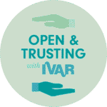 Light Green circle logo with two hands coming together. The text between them reads: "Open and Trusting with IVAR"