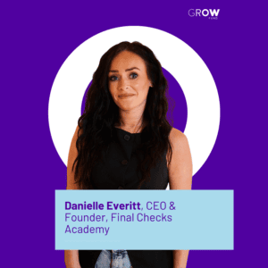 Photo of Danielle Everitt, Founder & CEO of Final Checks Academy, on a purple background and white ring behind her.